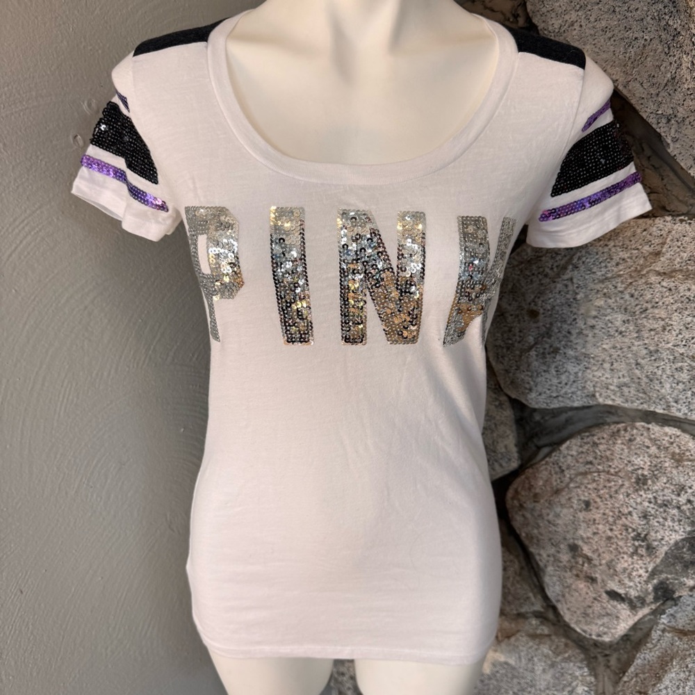 Victoria’s Secret Pink Silver Purple Black Sequin Stripes White T-Shirt Scoop